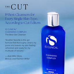 IS Clinical Cleansing Complex bottle with text about best cleansers on a blue background