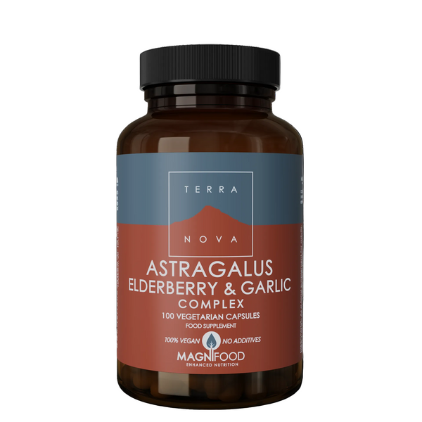Supplement bottle labeled 'Astragalus Elderberry & Garlic Complex' by Magnifood on a white background