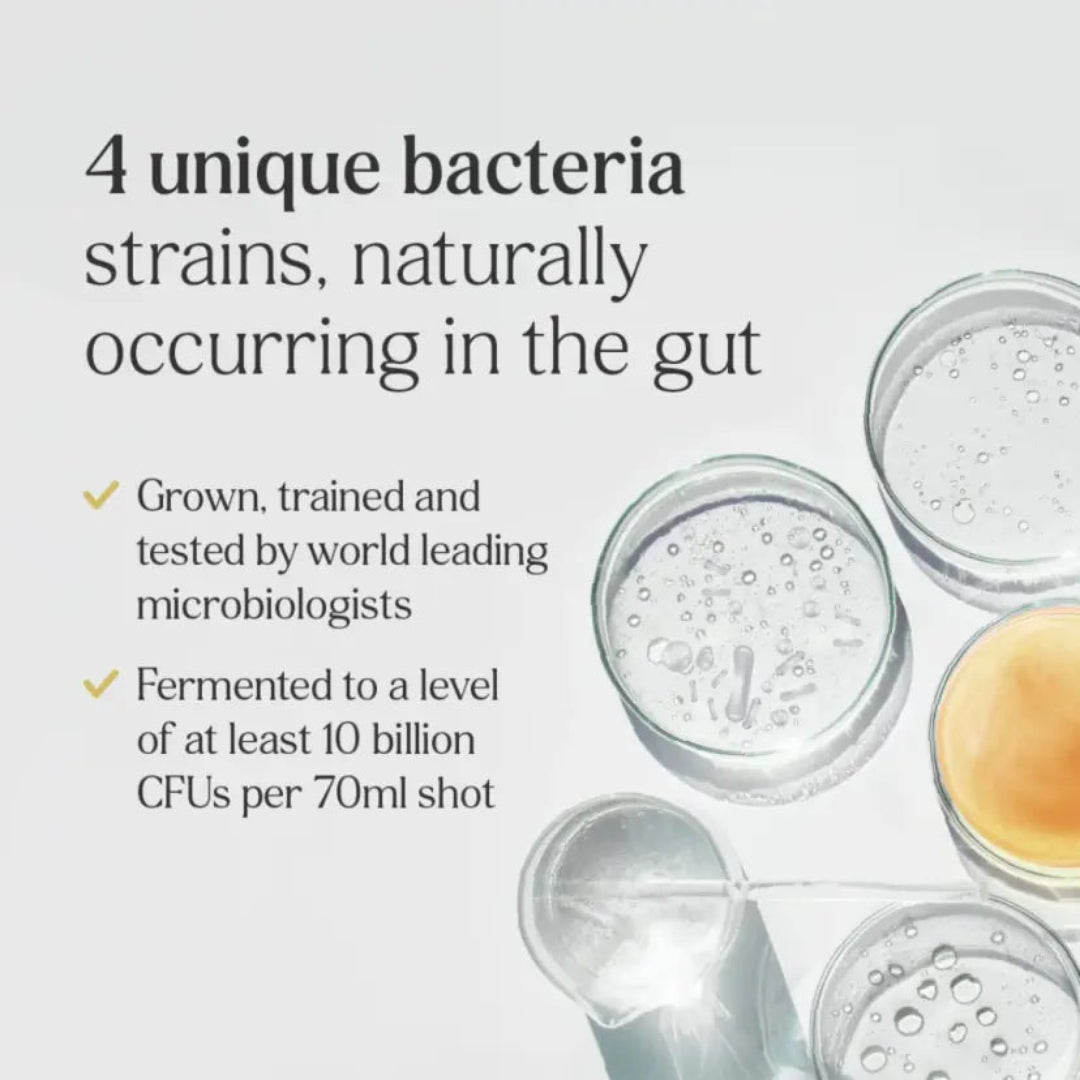 Text-heavy promotional graphic on a light gray background with the headline '4 unique bacteria strains, naturally occurring in the gut' and bullet points about microbiologist testing and high CFU levels. Several glass petri dishes and a beaker containing a pale yellow liquid are arranged on the right side.
