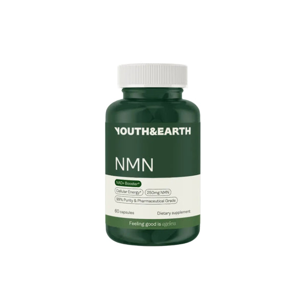 A dark green bottle of Youth&Earth NMN dietary supplement with a white cap, centered on a light off-white background.