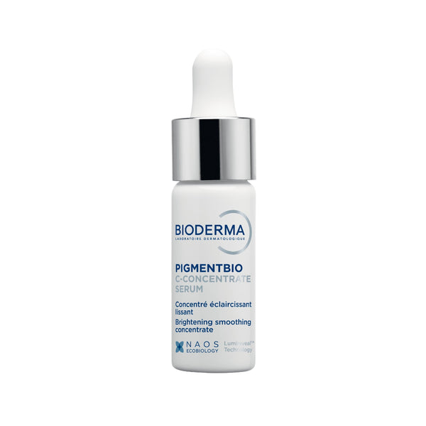 Bioderma Pigmentbio C-Concentrate Serum in a white dropper bottle with a silver cap, on a plain white background.