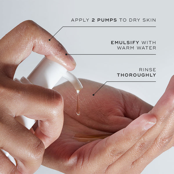 apply 2 pumps to dry skin, emulsify with warm water and rinse thoroughly
