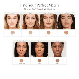 Tinted moisturizer color match chart with various skin tones and corresponding shades.
