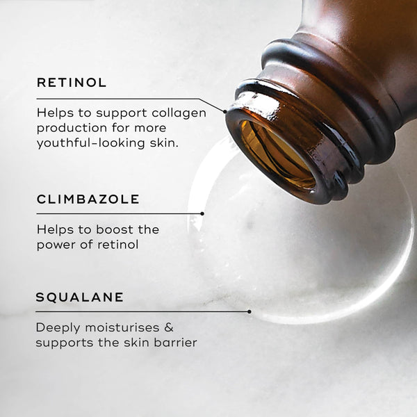 Skincare product with text explaining retinol, climbazole, and squalane benefits on a light background.