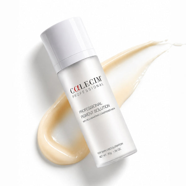 Cosmetic bottle with a white cap and visible brand name on a white background