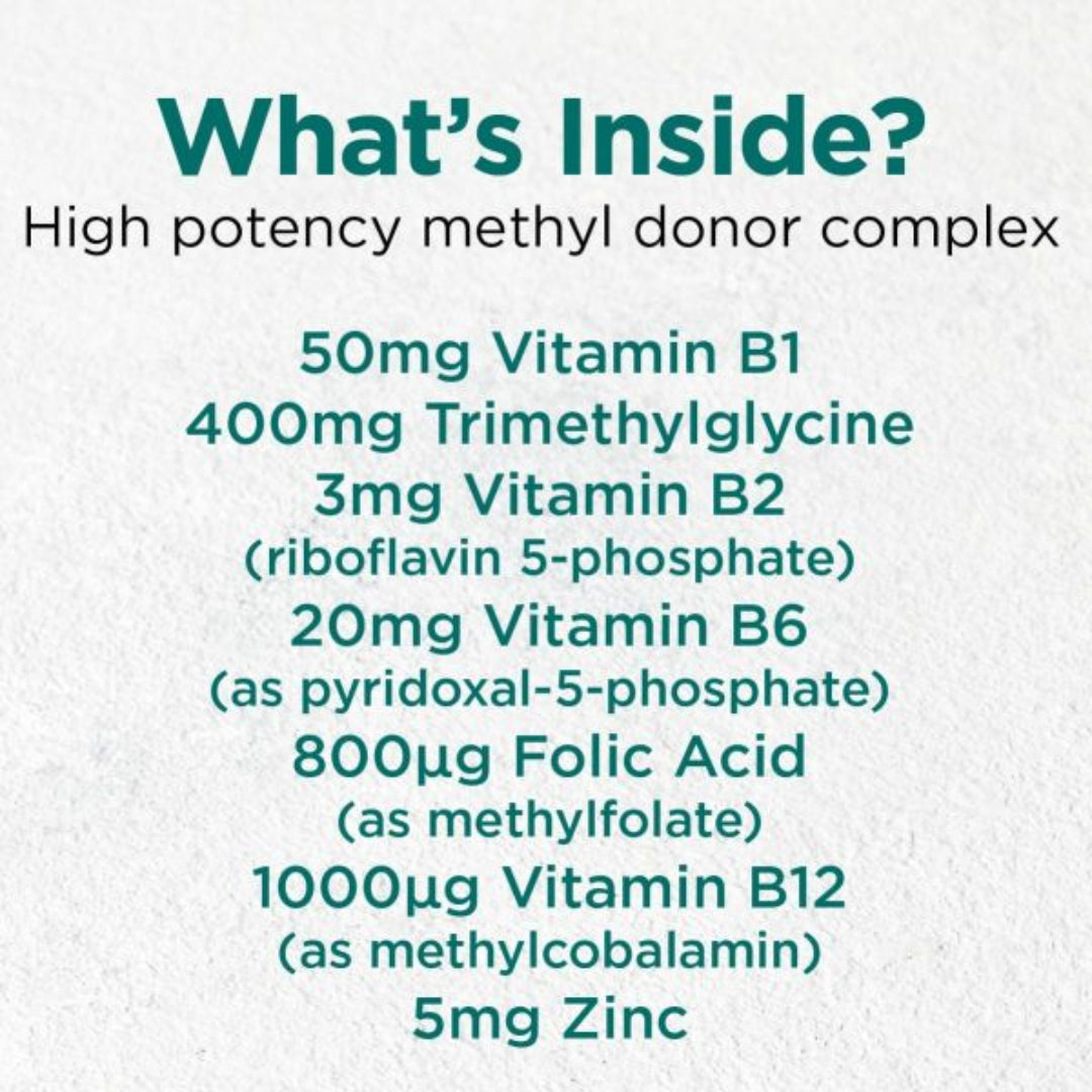 List of vitamins and minerals in a high potency methyl donor complex on a white background.