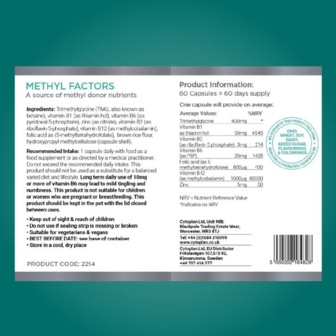 Methyl Factors supplement label with product information and ingredients on a teal background