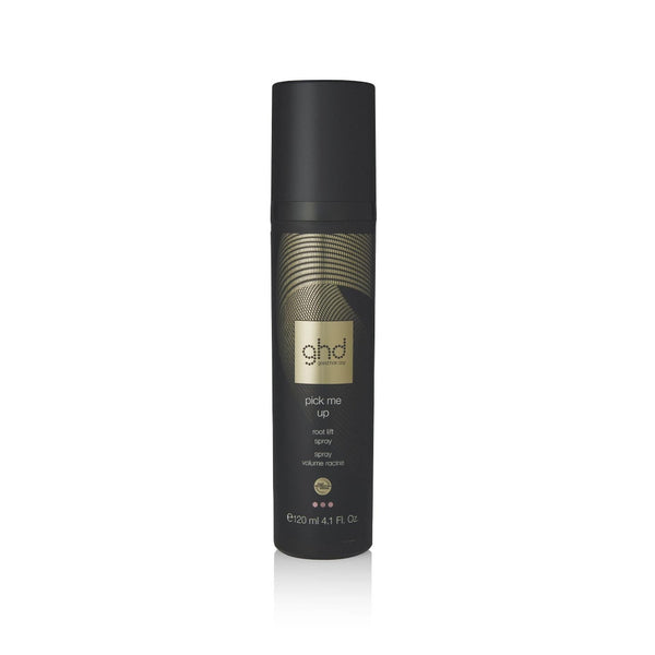 Black hair spray bottle with gold text on a white background