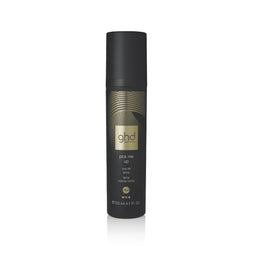 Black hair spray bottle with gold text on a white background