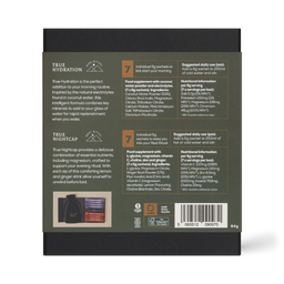 The back of a True Nightcap coconut water bottle packaging, showing product details, ingredients, usage instructions, and a barcode on a dark olive green background.
