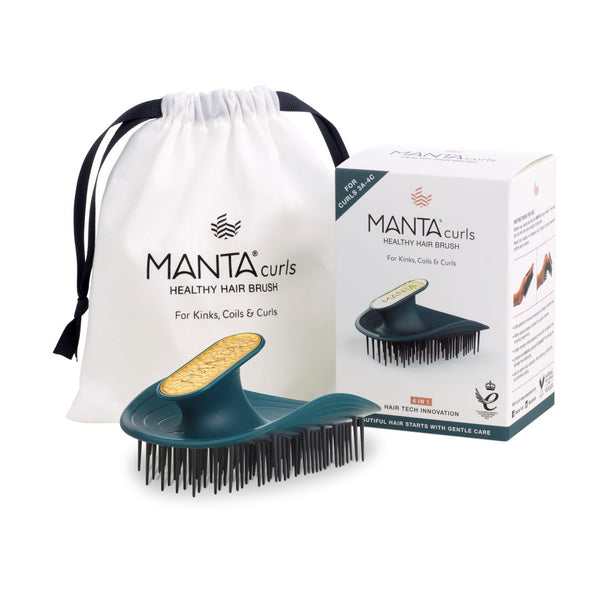 Manta Curls Healthy Hair Brush set including a dark teal silicone hair brush with black bristles, a white drawstring bag, and its retail box on a white background.