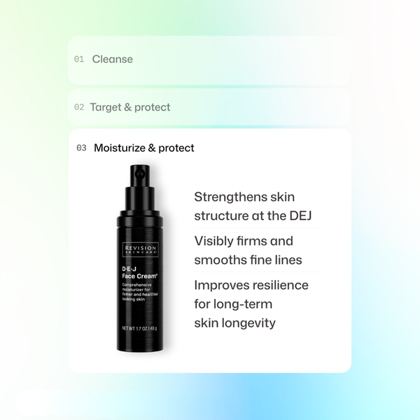 A black Revision Skincare DEJ Face Cream pump bottle shown on a clean white card with text describing skincare benefits, set against a soft pastel gradient background.