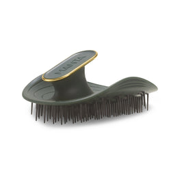 A Manta hairbrush with an olive green body, dark bristles, and a gold accent ring around the handle, shown on a white background.