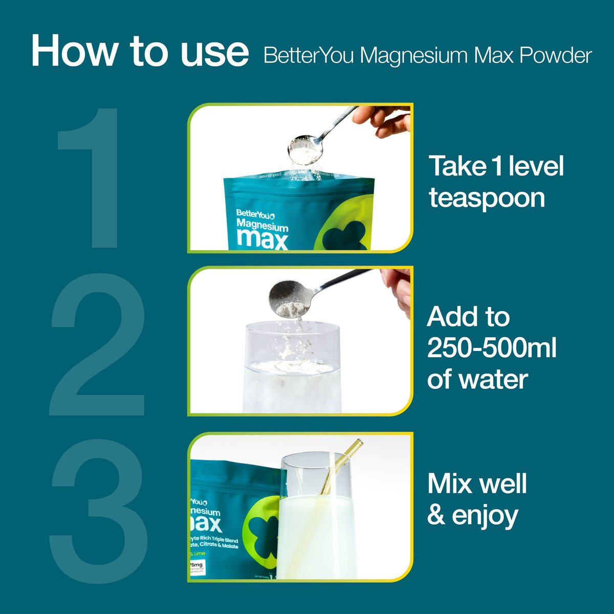Instructions for using BetterYou Magnesium Max Powder on a teal background