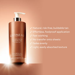 Gatineau Golden Glow Gradual Tan bottle with product features on a peach background
