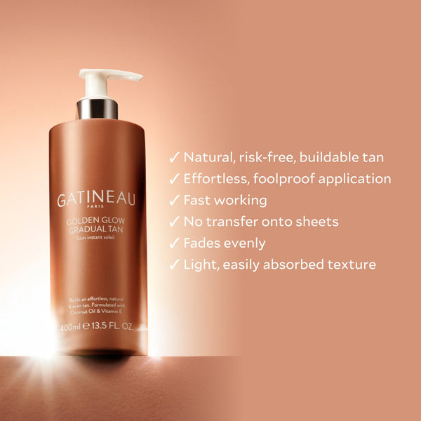 Gatineau Golden Glow Gradual Tan bottle with product features on a peach background