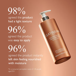 Gatineau Golden Glow Gradual Tan bottle with positive user feedback on a brown background