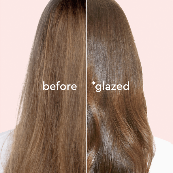 Before and after comparison of hair with 'before' on the left and 'glazed' on the right against a pink background.