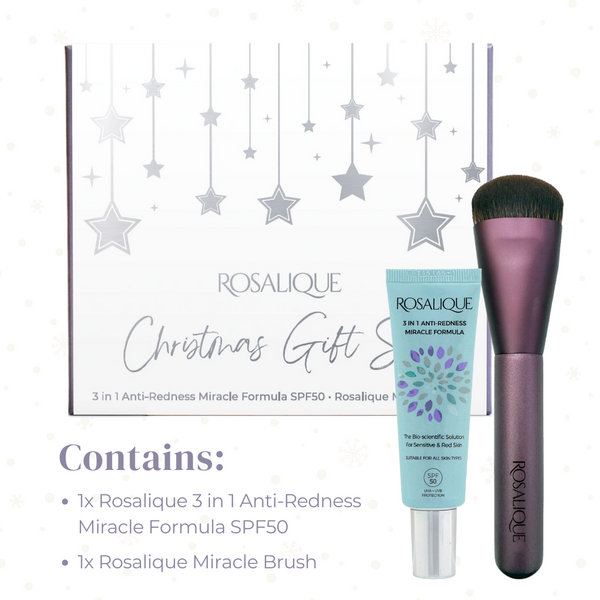 contain: one rosalique 3 in 1 anti redness miracle formula spf50 and rosalique miracle brush