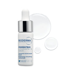Bioderma Pigmentbio C-Concentrate Serum in a white dropper bottle with a silver cap, shown on a white background with three clear liquid droplets behind it.