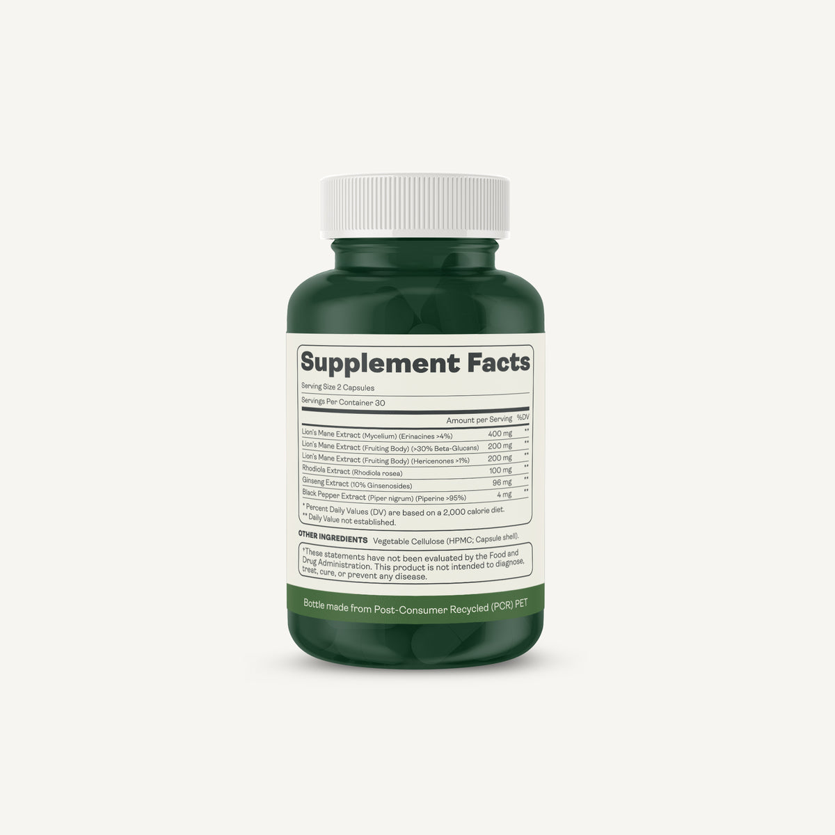 A dark green supplement bottle with a white ribbed cap, showing the back of the label with 'Supplement Facts' text and product details, on a light gray background.