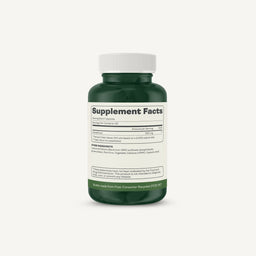A dark green supplement bottle with a white cap and a white label reading 'Supplement Facts' on a light gray background.