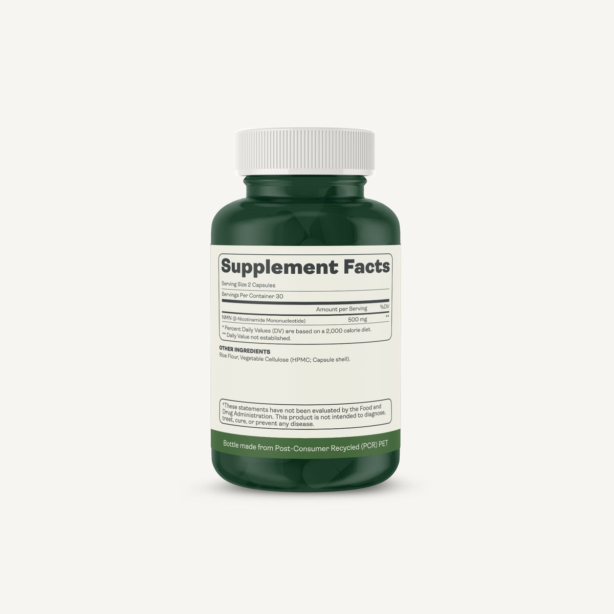 A dark green supplement bottle with a white cap and a white label reading 'Supplement Facts' on a light gray background.