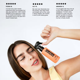 Woman using a product with customer reviews displayed above her.