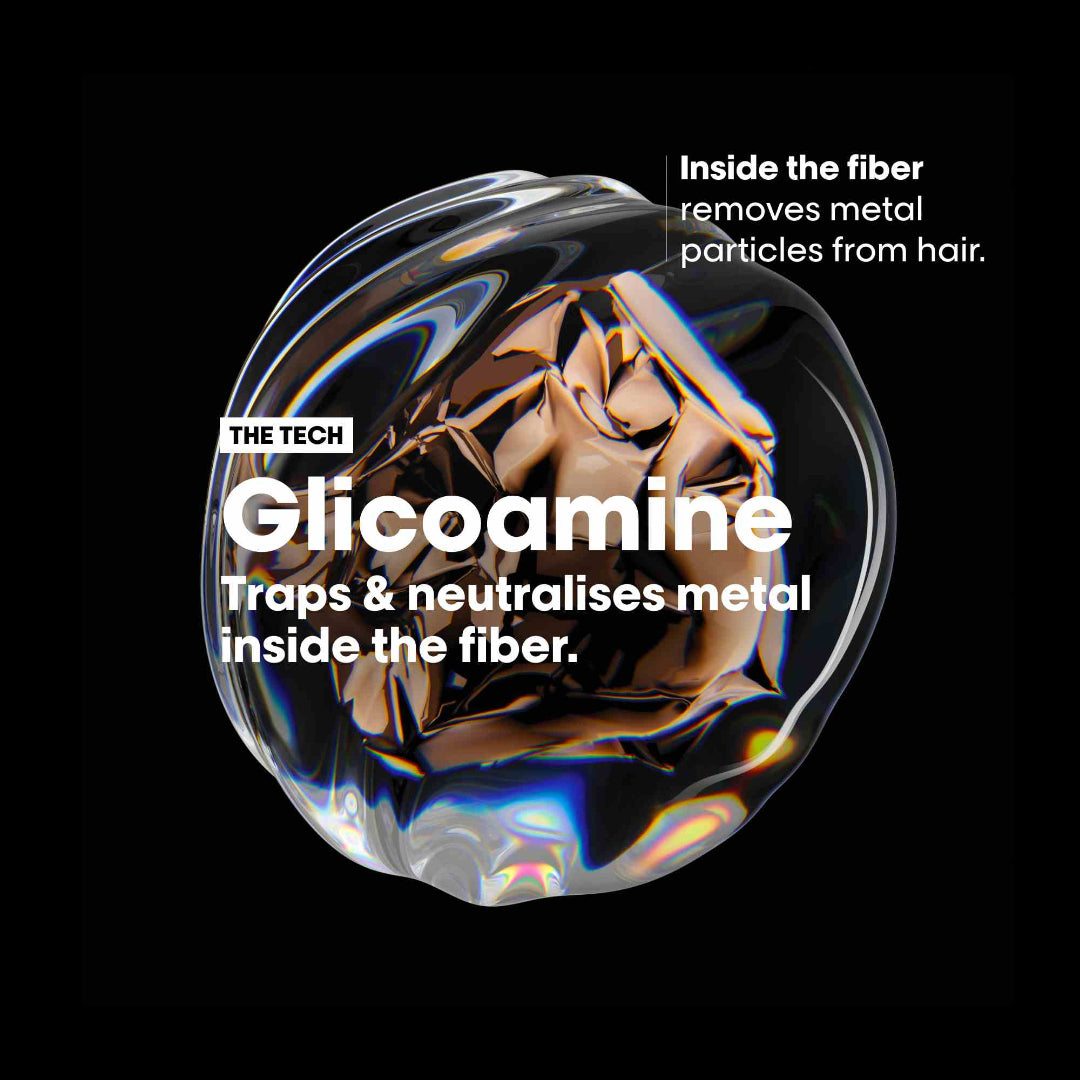 Transparent fiber with text explaining Glicooamine's function on a black background