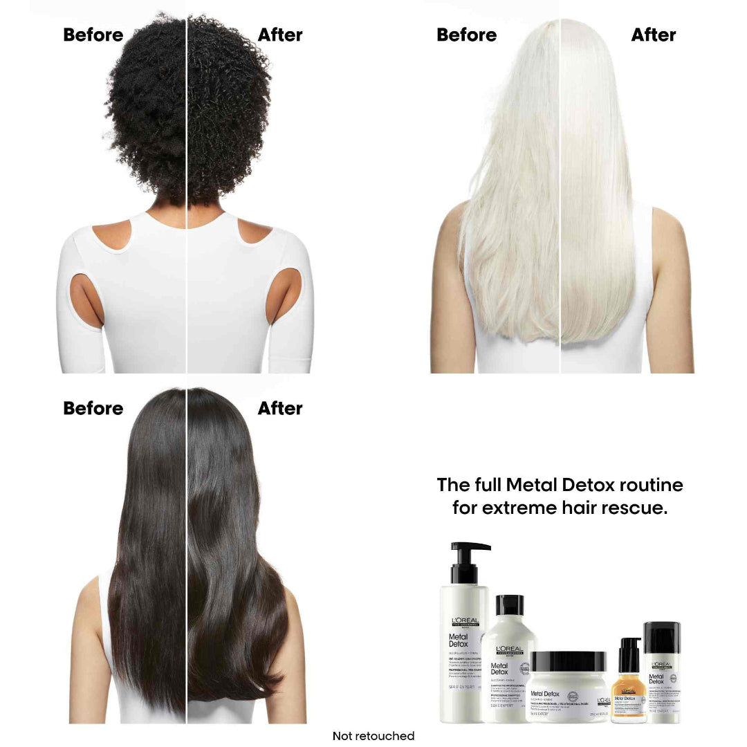 Before and after hair transformation with product display for Metal Detox hair care routine.