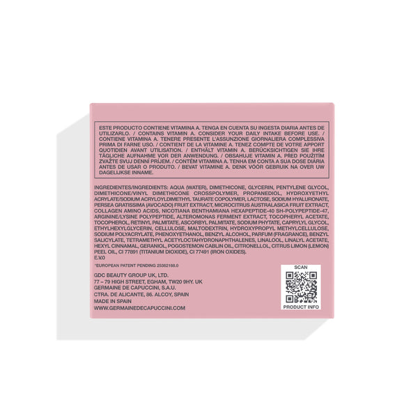 The back of a pink supplement bottle showing detailed Spanish text, ingredients, manufacturer information for Germainde Capcicin, and a QR code on a white background.