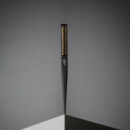 Black hairbrush with gold bristles on a gray background