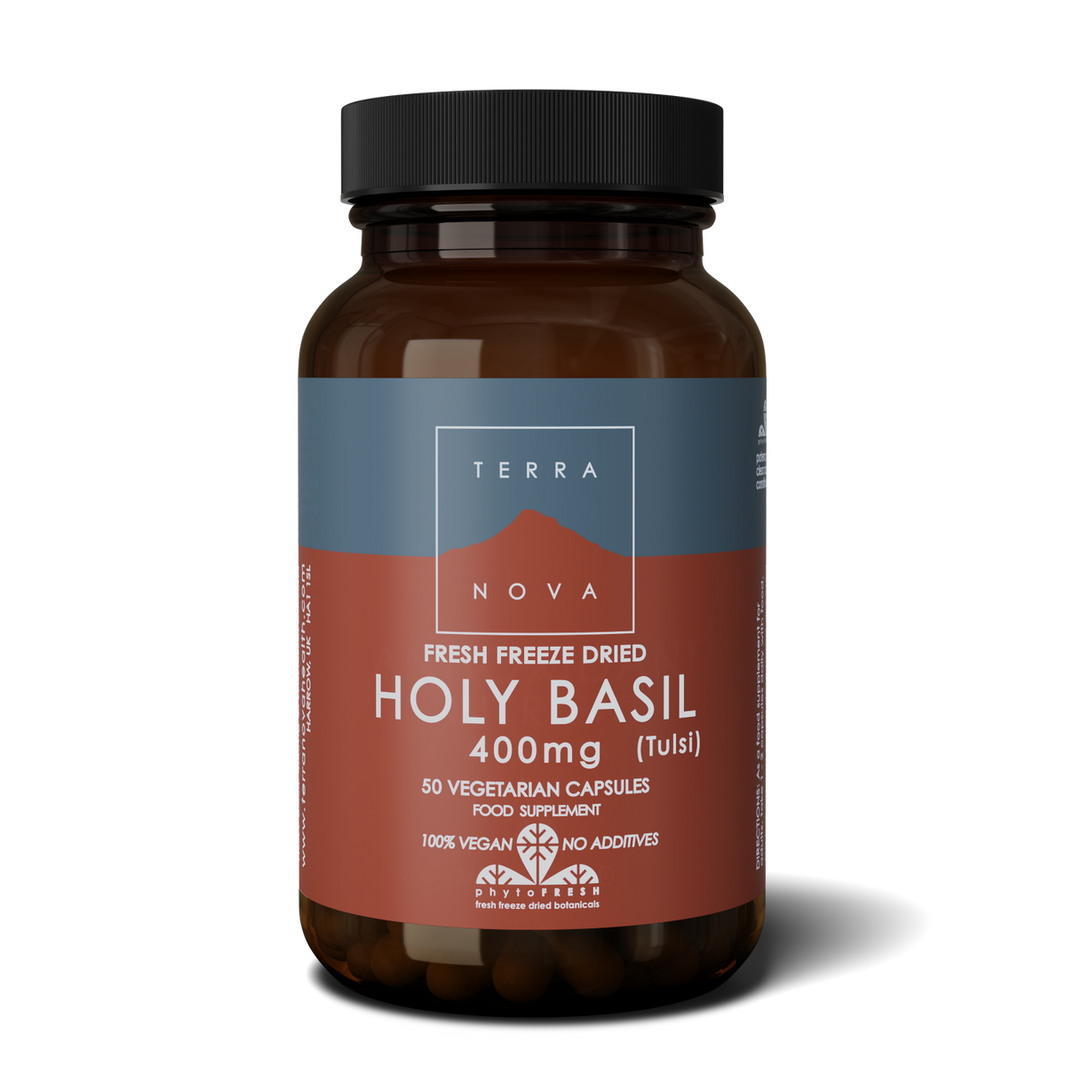 Terra Nova Holy Basil supplement bottle on a white background