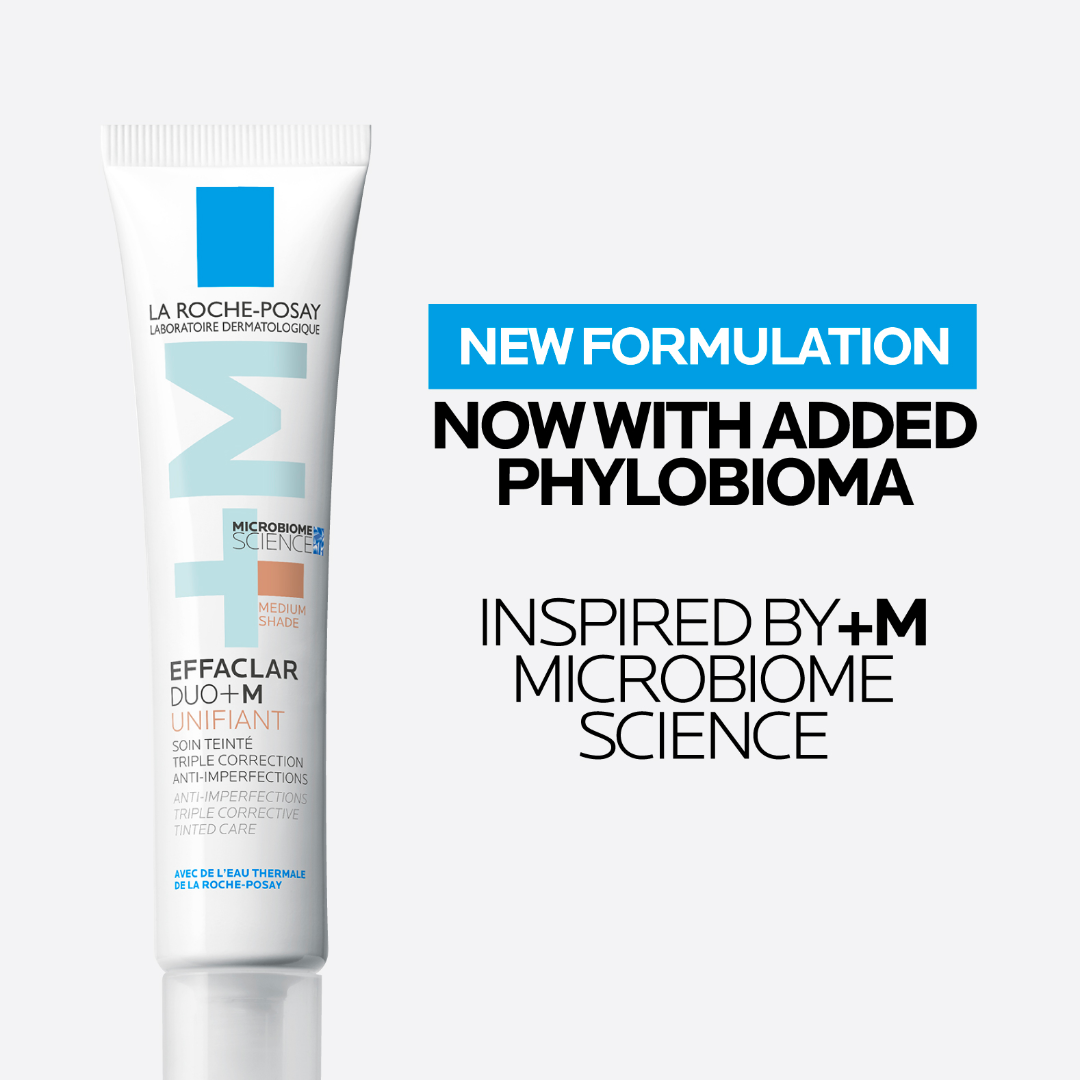La Roche-Posay skincare product with text about new formulation and microbiome science on a white background