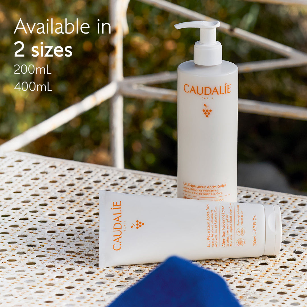 Caudélie skincare products on a textured surface with outdoor background