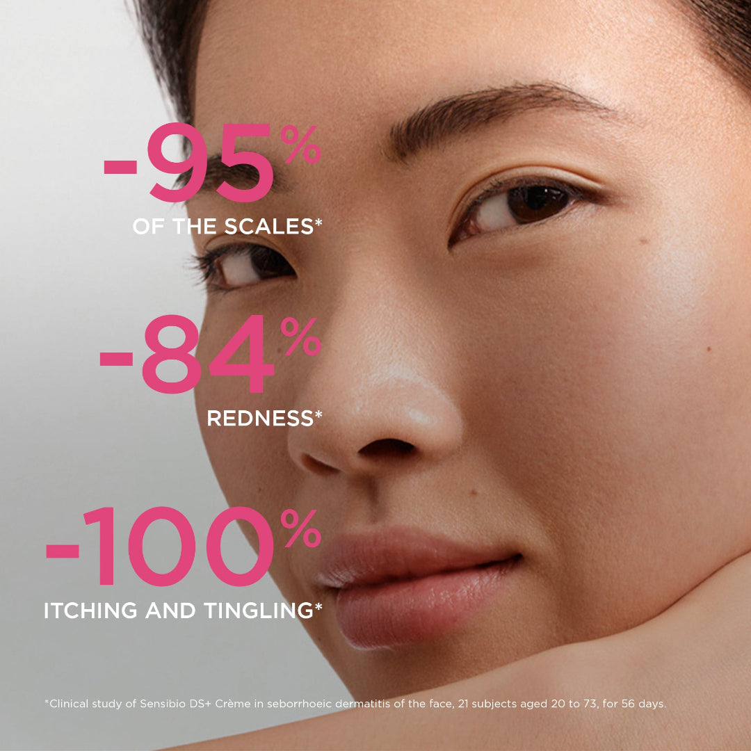 Close-up of a woman's face with large pink and white text overlays claiming -95% of scales, -84% redness, and -100% itching and tingling, set against a light gray background.
