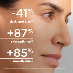 Close-up of a woman's face with large text overlays claiming results for dark spot size, skin radiance, and smooth skin.