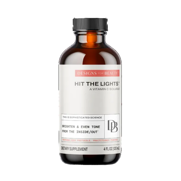 Bottle of 'Hit The Lights' dietary supplement with a white label on a white background