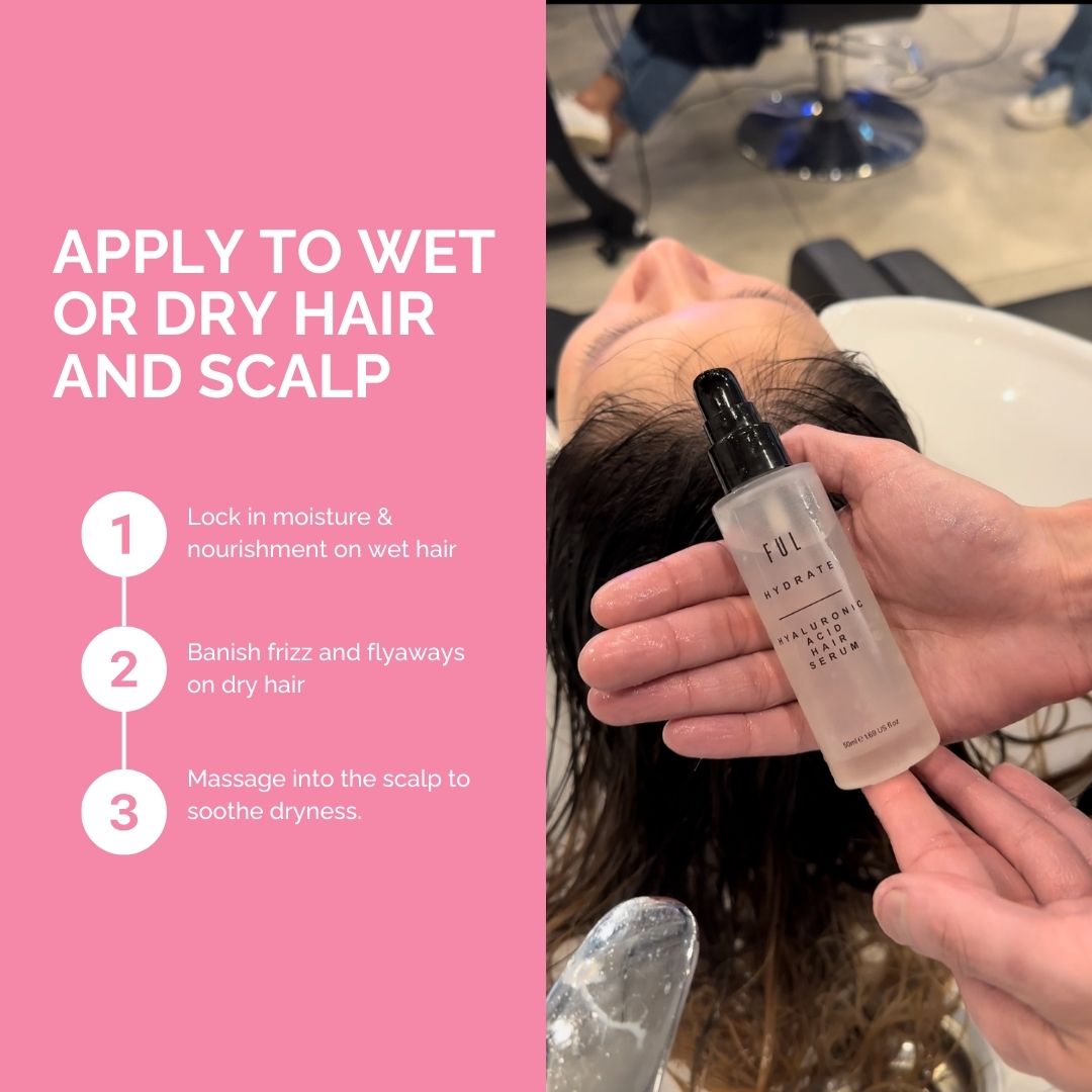 Person applying hair product to scalp with text on a pink background