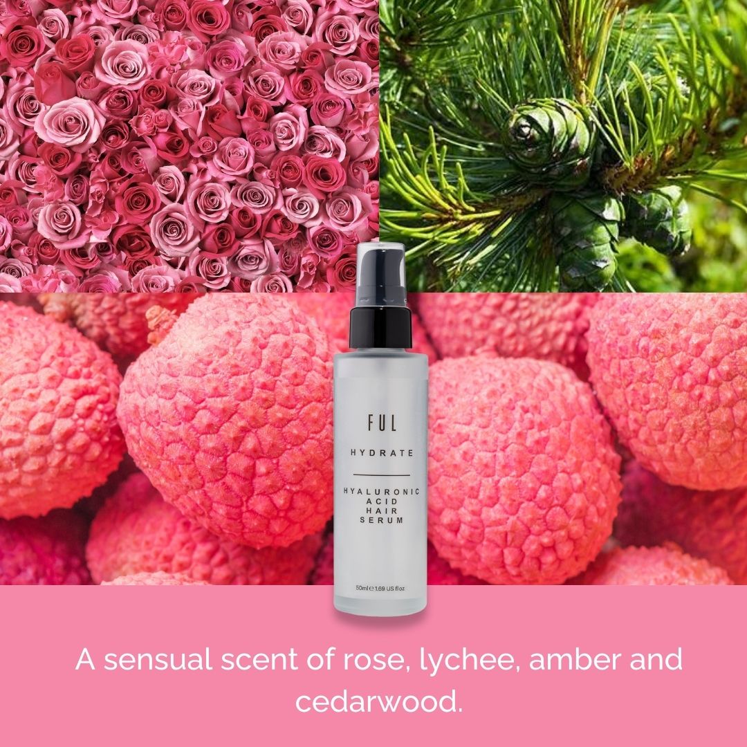 Ful Hydrate serum bottle surrounded by pink lychees, pink roses, and green leaves on a pink background.