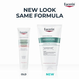 Eucerin Dermopure cleansing product with 'New Look Same Formula' text on a white background