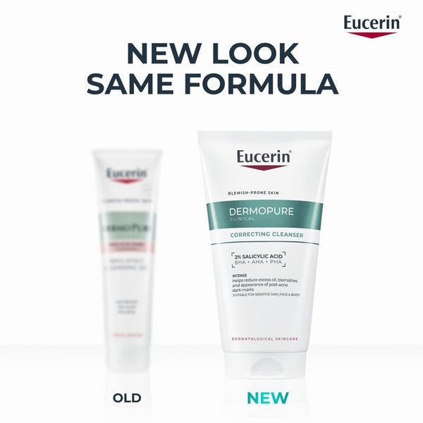 Eucerin Dermopure cleansing product with 'New Look Same Formula' text on a white background