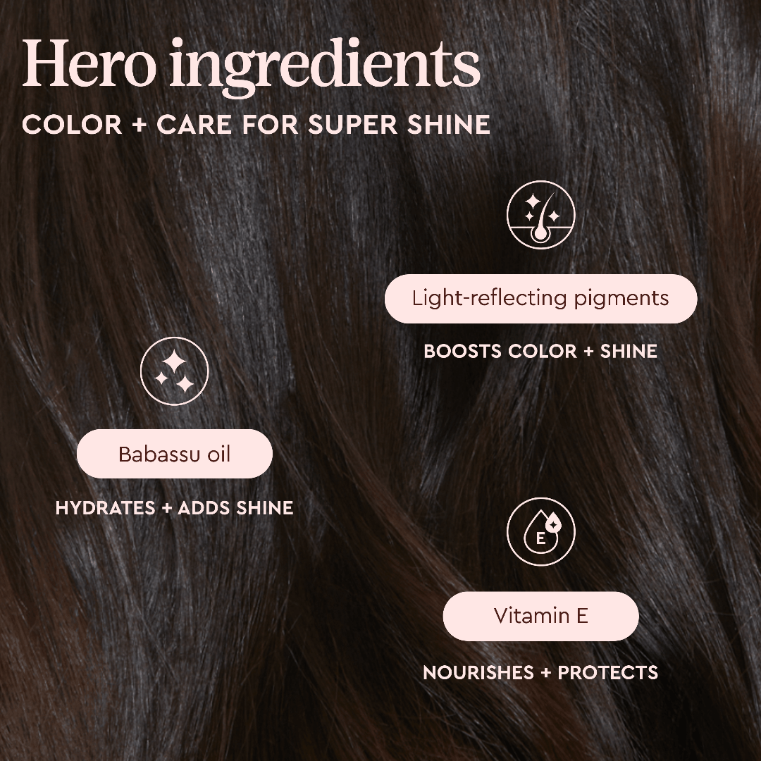 Hair product advertisement highlighting hero ingredients for color and care with a close-up of dark hair.
