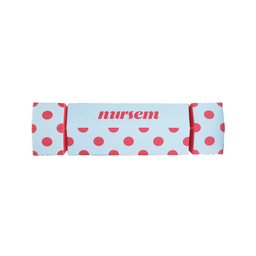 A light blue Christmas crackers with red polka dots and the word 'nursem' printed in red on the front, shown on a plain white background.