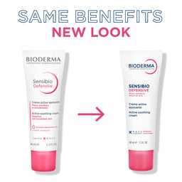 Two Bioderma Sensibio Defensive active soothing cream tubes shown side by side on a white background, with large text reading 'SAME BENEFITS NEW LOOK' and a pink arrow pointing from the left to the right tube.