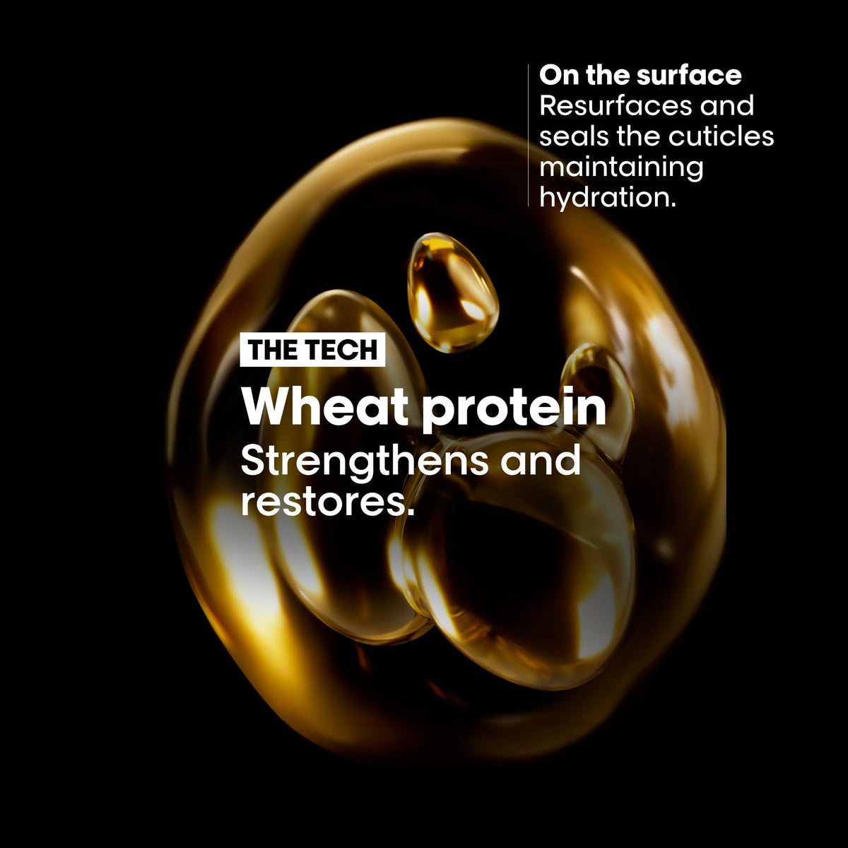 A glossy golden wheat protein droplet graphic on a black background with white marketing text reading 'THE TECH Wheat protein Strengthens and restores.' and additional text about the surface resurfacing and hydration.