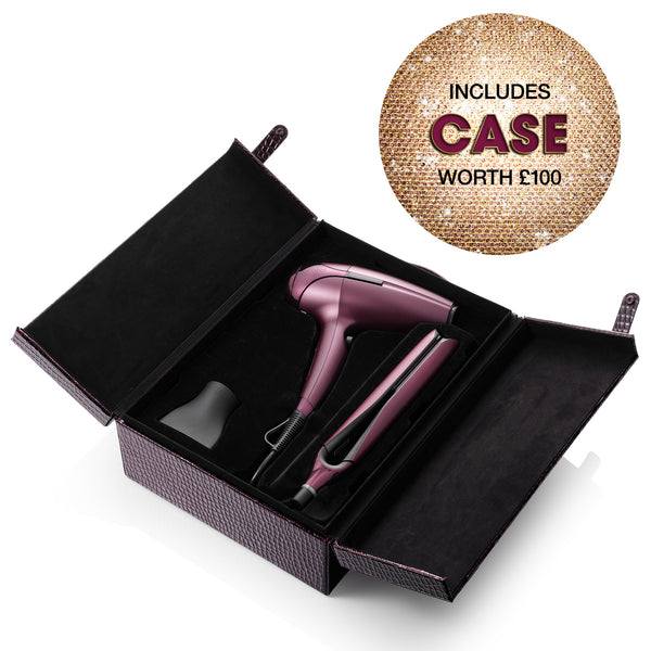Pink hair dryer and straightener set in a black box with a gold label indicating a £100 case value.