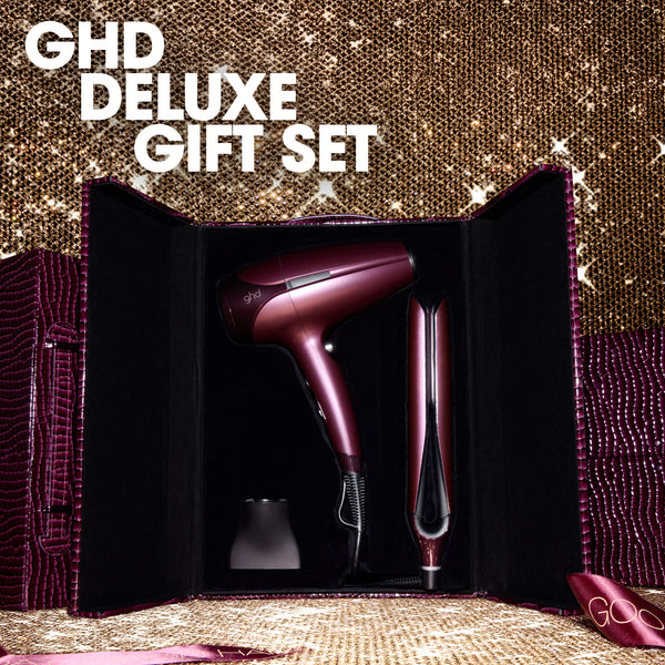 GH Deluxe gift set with hair dryer and styling tool on a glittery background