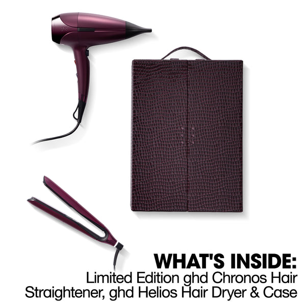 Limited Edition ghd Chronos hair straightener, ghd Helios hair dryer, and case on a white background