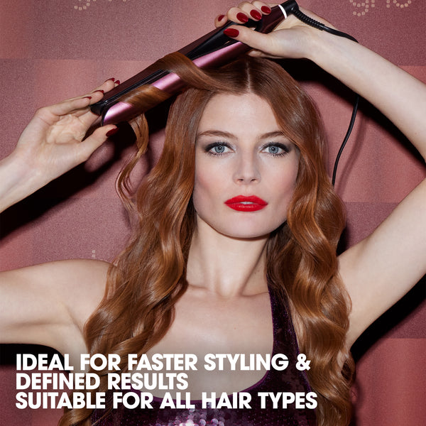 Woman using a hair straightener with text about faster styling and defined results